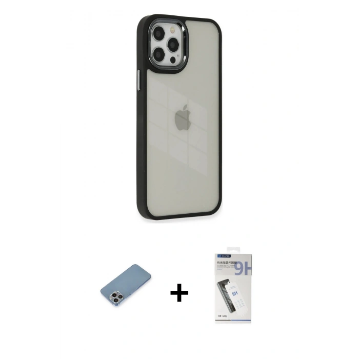 MARSİLYAN™- iPhone 12 Pro Max Kılıf Eksen Doku Prime - Şeffaf Uv Polymer Nano Ekran Koruyucu + Shine Kamera Lens Koruma Cam - GI