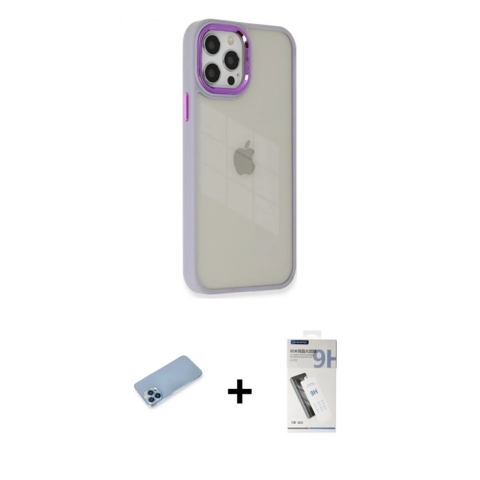 MARSİLYAN™- iPhone 12 Pro Max Kılıf Eksen Doku Prime - Şeffaf Uv Polymer Nano Ekran Koruyucu + Shine Kamera Lens Koruma Cam - MI