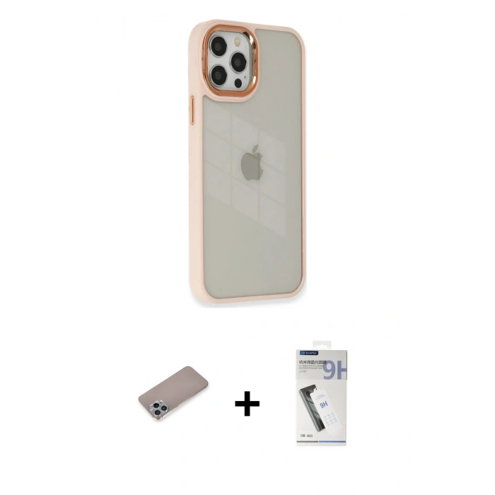 MARSİLYAN™- iPhone 12 Pro Max Kılıf Eksen Doku Prime - Şeffaf Uv Polymer Nano Ekran Koruyucu + Shine Kamera Lens Koruma Cam - SABE