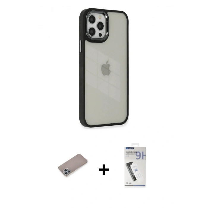 MARSİLYAN™- iPhone 12 Pro Max Kılıf Eksen Doku Prime - Şeffaf Uv Polymer Nano Ekran Koruyucu + Shine Kamera Lens Koruma Cam - SABE