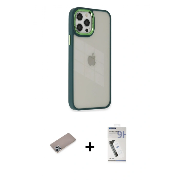 MARSİLYAN™- iPhone 12 Pro Max Kılıf Eksen Doku Prime - Şeffaf Uv Polymer Nano Ekran Koruyucu + Shine Kamera Lens Koruma Cam - SABE