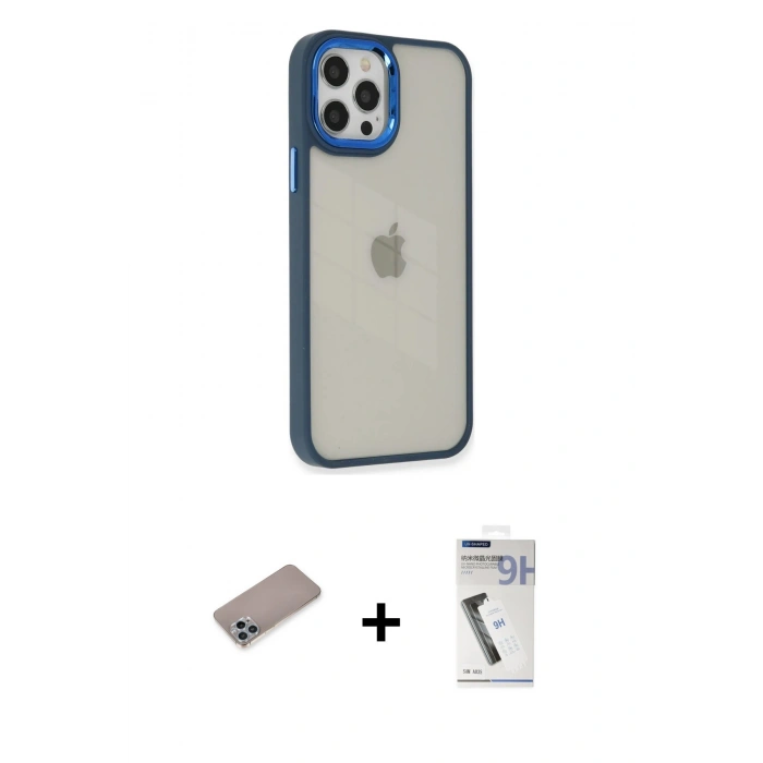 MARSİLYAN™- iPhone 12 Pro Max Kılıf Eksen Doku Prime - Şeffaf Uv Polymer Nano Ekran Koruyucu + Shine Kamera Lens Koruma Cam - SABE