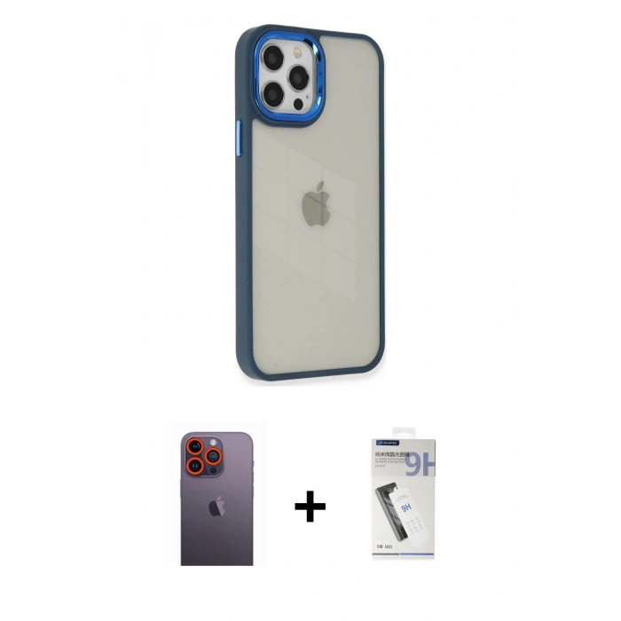 MARSİLYAN™- iPhone 12 Pro Max Kılıf Eksen Doku Prime - Şeffaf Uv Polymer Nano Ekran Koruyucu + Neon Fosforlu Kamera Lens - TU