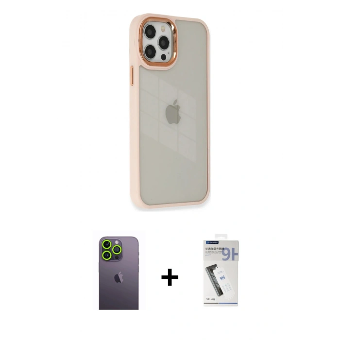 MARSİLYAN™- iPhone 12 Pro Max Kılıf Eksen Doku Prime - Şeffaf Uv Polymer Nano Ekran Koruyucu + Yeşil Neon Fosforlu Kamera Lens