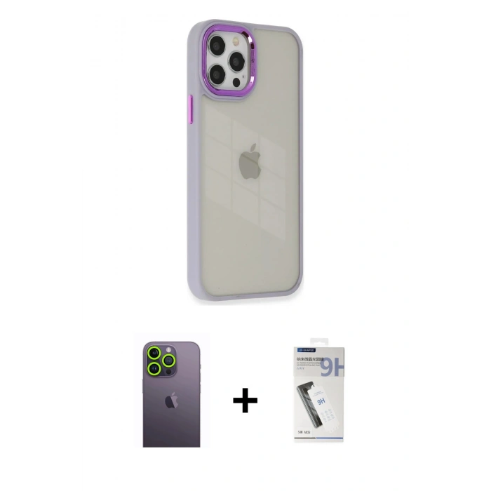 MARSİLYAN™- iPhone 12 Pro Max Kılıf Eksen Doku Prime - Şeffaf Uv Polymer Nano Ekran Koruyucu + Yeşil Neon Fosforlu Kamera Lens