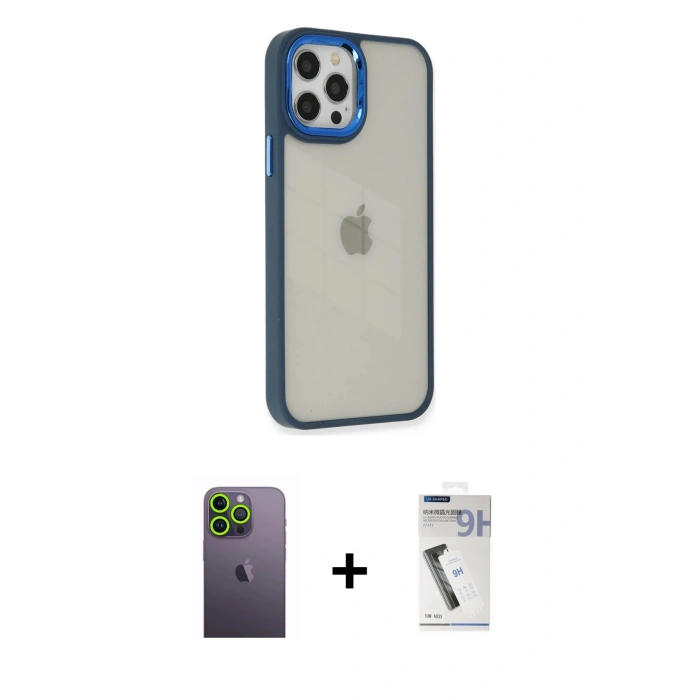MARSİLYAN™- iPhone 12 Pro Max Kılıf Eksen Doku Prime - Şeffaf Uv Polymer Nano Ekran Koruyucu + Yeşil Neon Fosforlu Kamera Lens