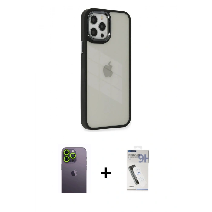 MARSİLYAN™- iPhone 12 Pro Max Kılıf Eksen Doku Prime - Şeffaf Uv Polymer Nano Ekran Koruyucu + Yeşil Neon Fosforlu Kamera Lens