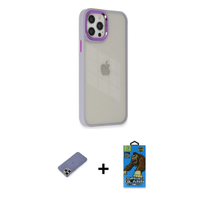 MARSİLYAN™- iPhone 12 Pro Max Kılıf Eksen Doku Prime - Siyah 18D Cam Ekran Koruyucu + Gold Metal Kamera Lens Koruma Cam
