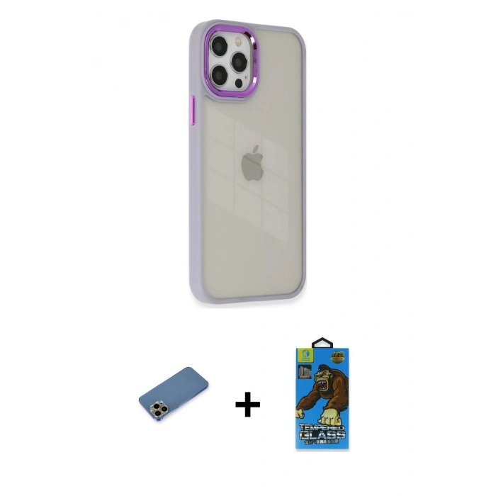 MARSİLYAN™- iPhone 12 Pro Max Kılıf Eksen Doku Prime - Siyah 18D Cam Ekran Koruyucu + Shine Kamera Lens Koruma Cam - GD