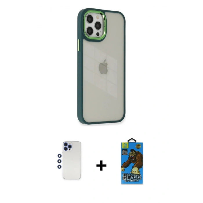 MARSİLYAN™- iPhone 12 Pro Max Kılıf Eksen Doku Prime - Siyah 18D Cam Ekran Koruyucu + Shine Kamera Lens - LT