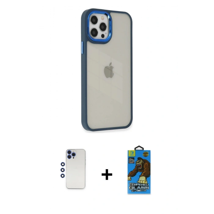MARSİLYAN™- iPhone 12 Pro Max Kılıf Eksen Doku Prime - Siyah 18D Cam Ekran Koruyucu + Shine Kamera Lens - LT