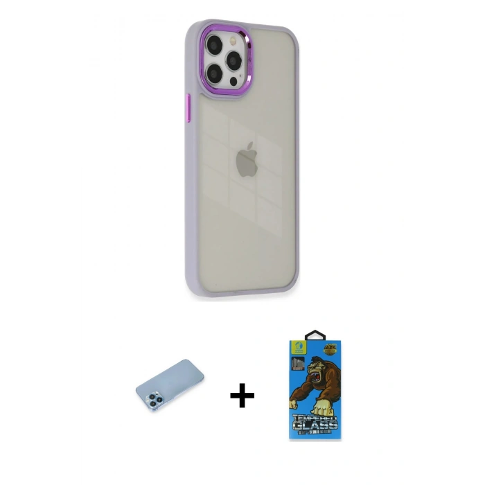 MARSİLYAN™- iPhone 12 Pro Max Kılıf Eksen Doku Prime - Siyah 18D Cam Ekran Koruyucu + Shine Kamera Lens Koruma Cam - MI