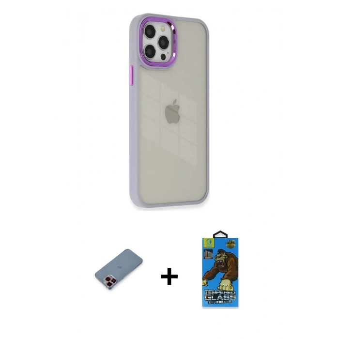 MARSİLYAN™- iPhone 12 Pro Max Kılıf Eksen Doku Prime - Siyah 18D Cam Ekran Koruyucu + Metal Kamera Lens Koruma Cam - KI