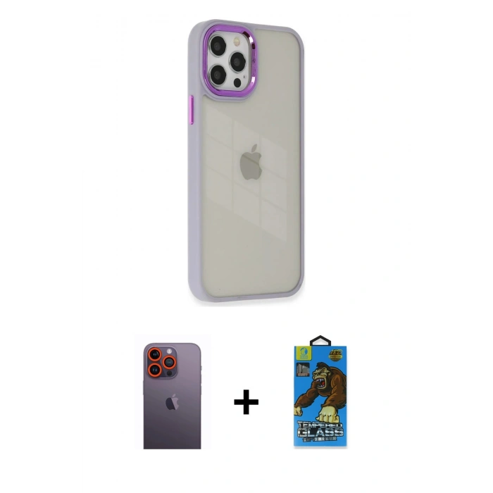 MARSİLYAN™- iPhone 12 Pro Max Kılıf Eksen Doku Prime - Siyah 18D Cam Ekran Koruyucu + Neon Fosforlu Kamera Lens - TU