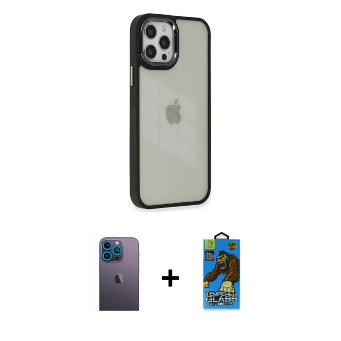 MARSİLYAN™- iPhone 12 Pro Max Kılıf Eksen Doku Prime - Siyah 18D Cam Ekran Koruyucu + Neon Fosforlu Kamera Lens - MI