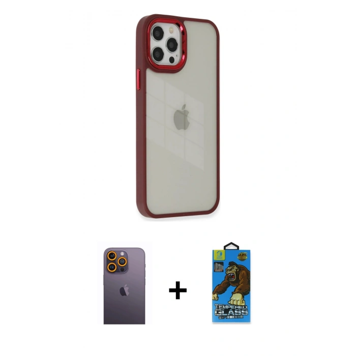 MARSİLYAN™- iPhone 12 Pro Max Kılıf Eksen Doku Prime - Siyah 18D Cam Ekran Koruyucu + Neon Fosforlu Kamera Lens - SI
