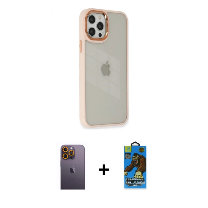 MARSİLYAN™- iPhone 12 Pro Max Kılıf Eksen Doku Prime - Siyah 18D Cam Ekran Koruyucu + Neon Fosforlu Kamera Lens - SI