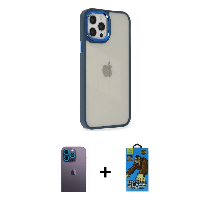 MARSİLYAN™- iPhone 12 Pro Max Kılıf Eksen Doku Prime - Siyah 18D Cam Ekran Koruyucu + Neon Fosforlu Kamera Lens - MI