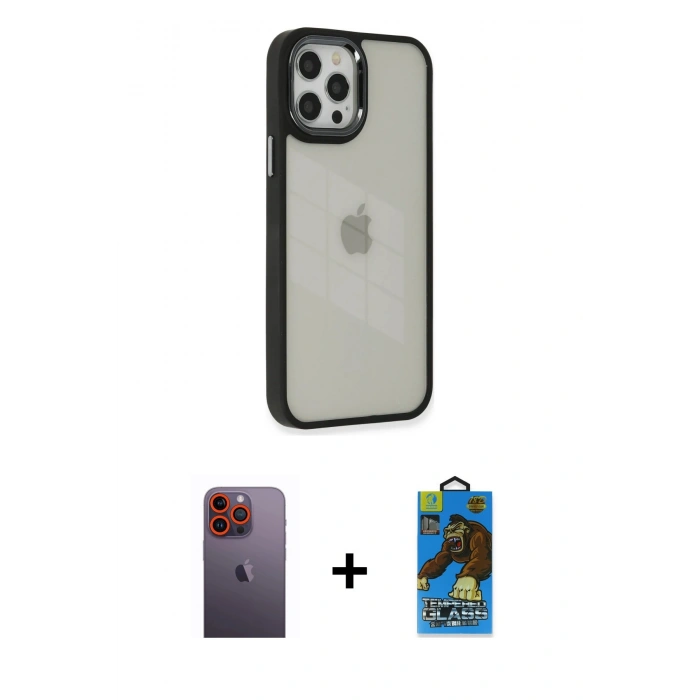 MARSİLYAN™- iPhone 12 Pro Max Kılıf Eksen Doku Prime - Siyah 18D Cam Ekran Koruyucu + Neon Fosforlu Kamera Lens - TU