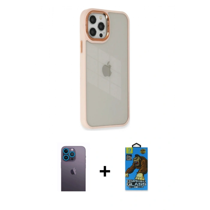 MARSİLYAN™- iPhone 12 Pro Max Kılıf Eksen Doku Prime - Siyah 18D Cam Ekran Koruyucu + Neon Fosforlu Kamera Lens - MI