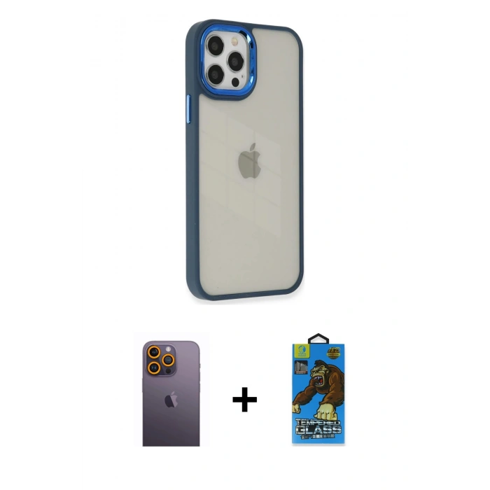 MARSİLYAN™- iPhone 12 Pro Max Kılıf Eksen Doku Prime - Siyah 18D Cam Ekran Koruyucu + Neon Fosforlu Kamera Lens - SI