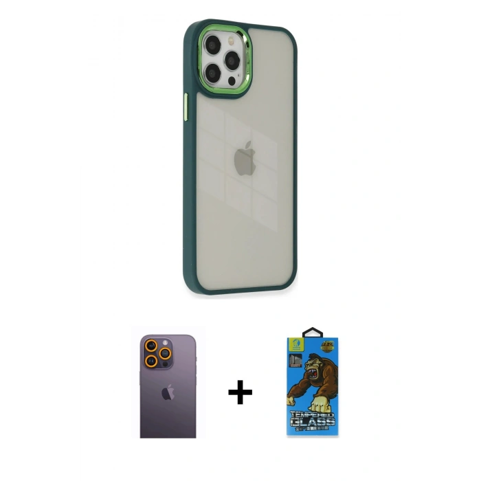 MARSİLYAN™- iPhone 12 Pro Max Kılıf Eksen Doku Prime - Siyah 18D Cam Ekran Koruyucu + Neon Fosforlu Kamera Lens - SI