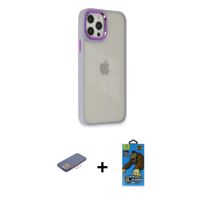 MARSİLYAN™- iPhone 12 Pro Max Kılıf Eksen Doku Prime - Siyah 18D Cam Ekran Koruyucu + Pembe Renkli Kamera Lens Koruma Cam