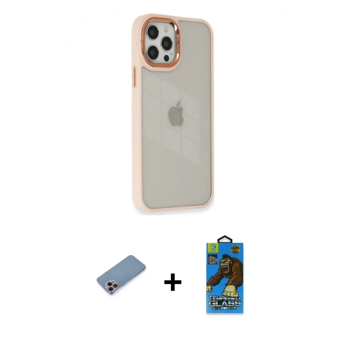 MARSİLYAN™- iPhone 12 Pro Max Kılıf Eksen Doku Prime - Siyah 18D Cam Ekran Koruyucu + Pembe Shine Kamera Lens Koruma Cam