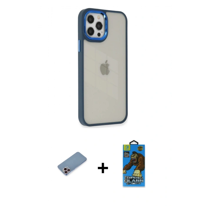 MARSİLYAN™- iPhone 12 Pro Max Kılıf Eksen Doku Prime - Siyah 18D Cam Ekran Koruyucu + Pembe Shine Kamera Lens Koruma Cam