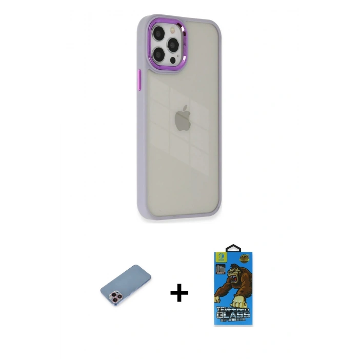 MARSİLYAN™- iPhone 12 Pro Max Kılıf Eksen Doku Prime - Siyah 18D Cam Ekran Koruyucu + Pembe Shine Kamera Lens Koruma Cam