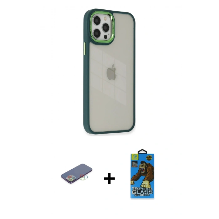 MARSİLYAN™- iPhone 12 Pro Max Kılıf Eksen Doku Prime - Siyah 18D Cam Ekran Koruyucu + Renkli Kamera Lens Koruma Cam - MI