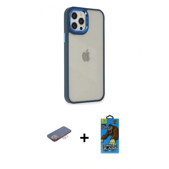 MARSİLYAN™- iPhone 12 Pro Max Kılıf Eksen Doku Prime - Siyah 18D Cam Ekran Koruyucu + Renkli Kamera Lens Koruma Cam - TU