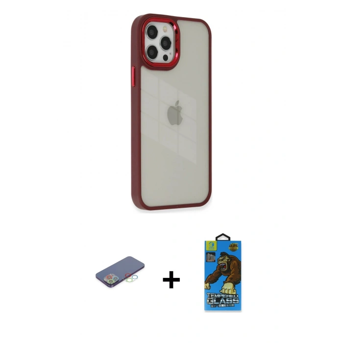 MARSİLYAN™- iPhone 12 Pro Max Kılıf Eksen Doku Prime - Siyah 18D Cam Ekran Koruyucu + Renkli Kamera Lens Koruma Cam - MI