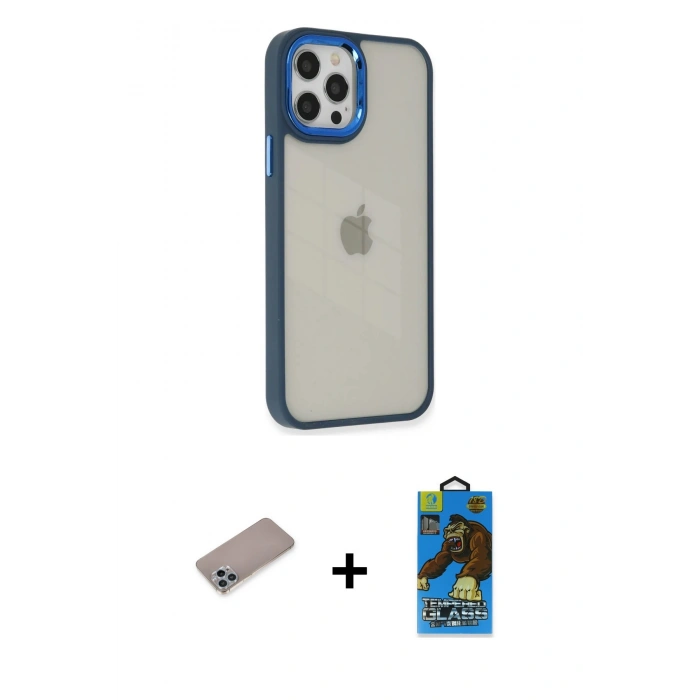 MARSİLYAN™- iPhone 12 Pro Max Kılıf Eksen Doku Prime - Siyah 18D Cam Ekran Koruyucu + Shine Kamera Lens Koruma Cam - SABE