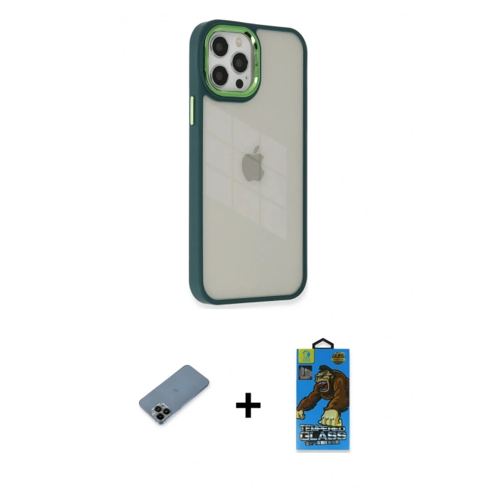 MARSİLYAN™- iPhone 12 Pro Max Kılıf Eksen Doku Prime - Siyah 18D Cam Ekran Koruyucu + Shine Kamera Lens Koruma Cam - SH