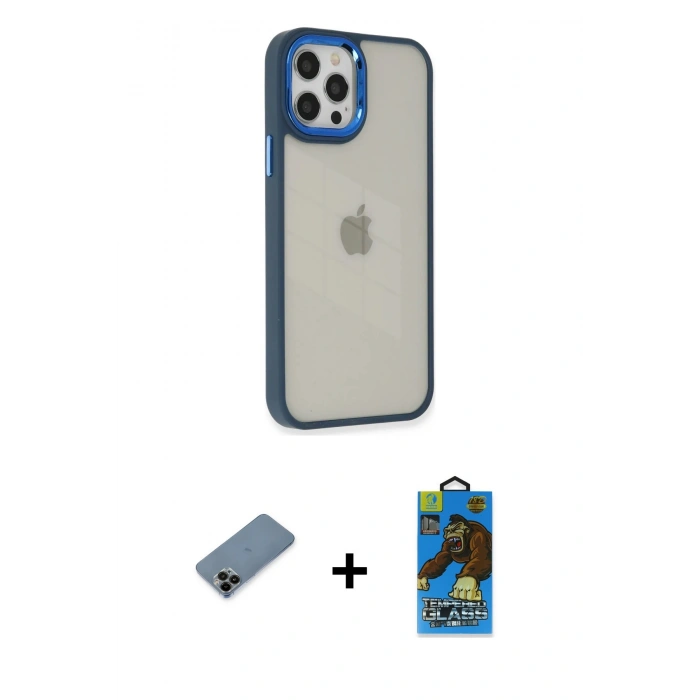 MARSİLYAN™- iPhone 12 Pro Max Kılıf Eksen Doku Prime - Siyah 18D Cam Ekran Koruyucu + Shine Kamera Lens Koruma Cam - SH