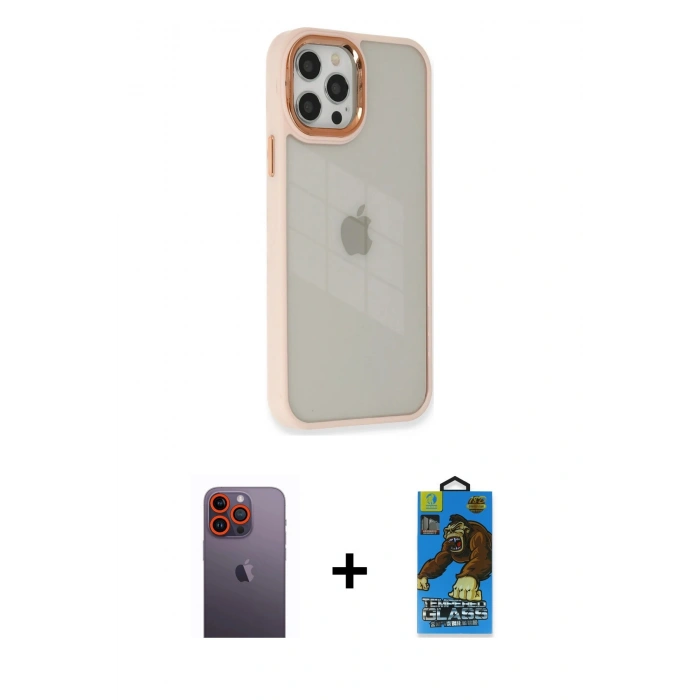 MARSİLYAN™- iPhone 12 Pro Max Kılıf Eksen Doku Prime - Siyah 18D Cam Ekran Koruyucu + Neon Fosforlu Kamera Lens - TU