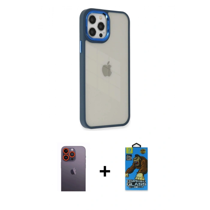 MARSİLYAN™- iPhone 12 Pro Max Kılıf Eksen Doku Prime - Siyah 18D Cam Ekran Koruyucu + Neon Fosforlu Kamera Lens - TU