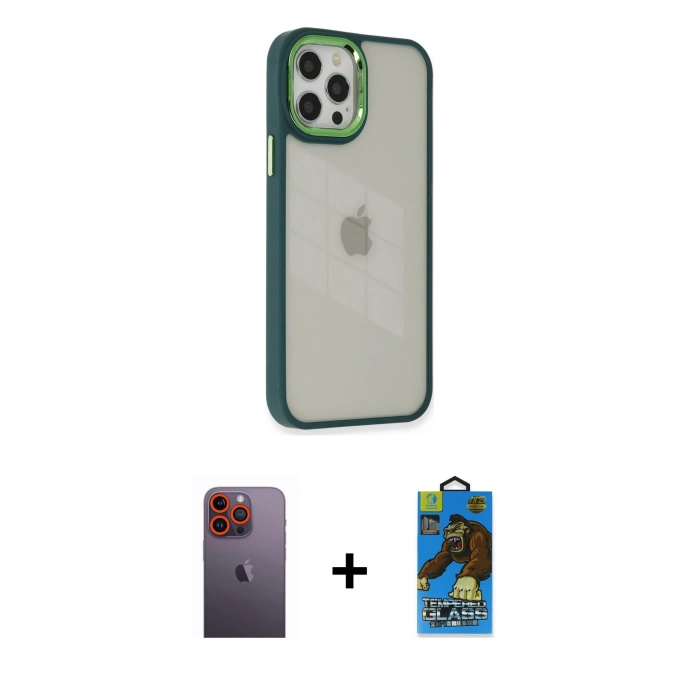 MARSİLYAN™- iPhone 12 Pro Max Kılıf Eksen Doku Prime - Siyah 18D Cam Ekran Koruyucu + Neon Fosforlu Kamera Lens - TU