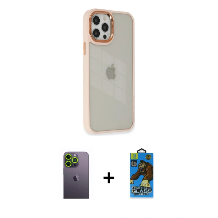 MARSİLYAN™- iPhone 12 Pro Max Kılıf Eksen Doku Prime - Siyah 18D Cam Ekran Koruyucu + Neon Fosforlu Kamera Lens - YL