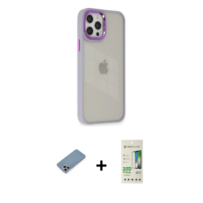 MARSİLYAN™- iPhone 12 Pro Max Kılıf Eksen Doku Prime - Siyah 20D Premium Cam Ekran Koruyucu + Gökkuşağı Shine Kamera Lens Koruma Cam