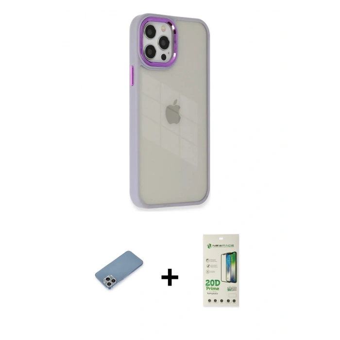 MARSİLYAN™- iPhone 12 Pro Max Kılıf Eksen Doku Prime - Siyah 20D Premium Cam Ekran Koruyucu + Shine Kamera Lens Koruma Cam - GS