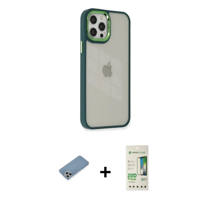 MARSİLYAN™- iPhone 12 Pro Max Kılıf Eksen Doku Prime - Siyah 20D Premium Cam Ekran Koruyucu + Shine Kamera Lens Koruma Cam - GS