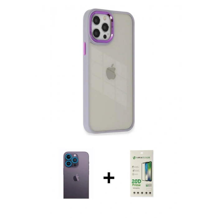 MARSİLYAN™- iPhone 12 Pro Max Kılıf Eksen Doku Prime - Siyah 20D Premium Cam Ekran Koruyucu + Mavi Neon Fosforlu Kamera Lens