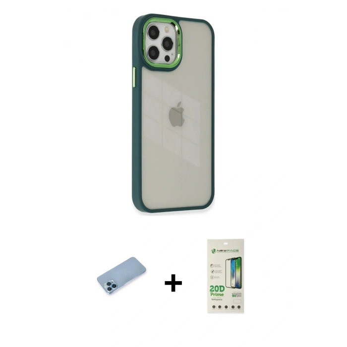 MARSİLYAN™- iPhone 12 Pro Max Kılıf Eksen Doku Prime - Siyah 20D Premium Cam Ekran Koruyucu + Mavi Shine Kamera Lens Koruma Cam