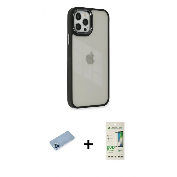 MARSİLYAN™- iPhone 12 Pro Max Kılıf Eksen Doku Prime - Siyah 20D Premium Cam Ekran Koruyucu + Mavi Shine Kamera Lens Koruma Cam