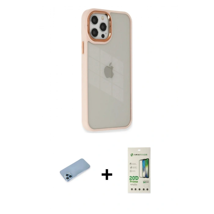 MARSİLYAN™- iPhone 12 Pro Max Kılıf Eksen Doku Prime - Siyah 20D Premium Cam Ekran Koruyucu + Mavi Shine Kamera Lens Koruma Cam