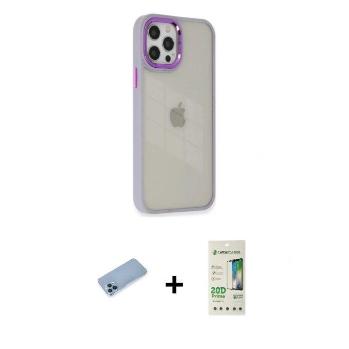 MARSİLYAN™- iPhone 12 Pro Max Kılıf Eksen Doku Prime - Siyah 20D Premium Cam Ekran Koruyucu + Mavi Shine Kamera Lens Koruma Cam