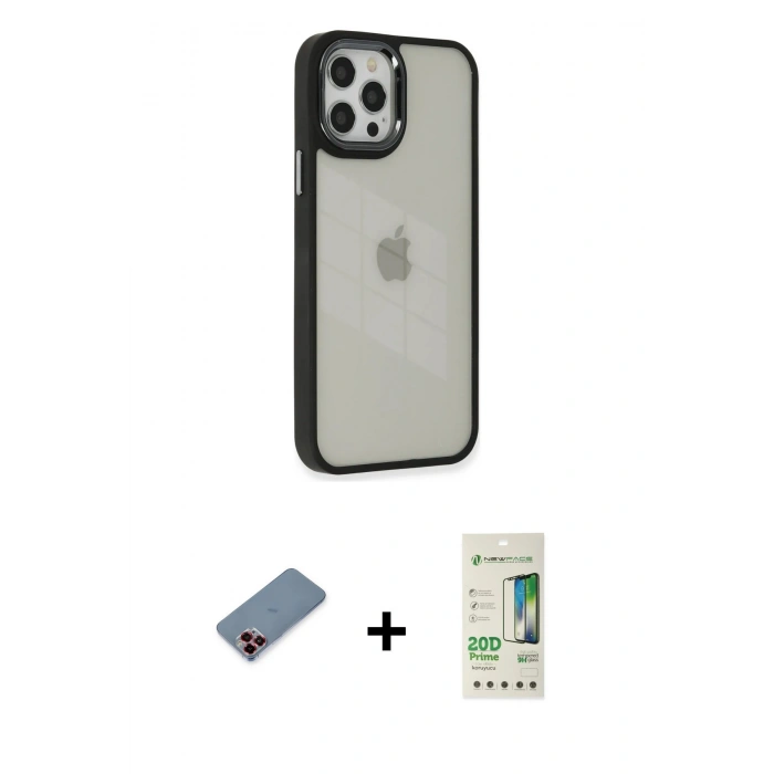 MARSİLYAN™- iPhone 12 Pro Max Kılıf Eksen Doku Prime - Siyah 20D Premium Cam Ekran Koruyucu + Metal Kamera Lens Koruma Cam - KI