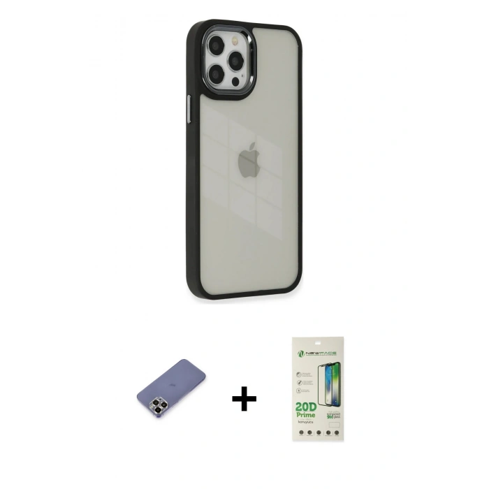 MARSİLYAN™- iPhone 12 Pro Max Kılıf Eksen Doku Prime - Siyah 20D Premium Cam Ekran Koruyucu + Metal Kamera Lens Koruma Cam - GD